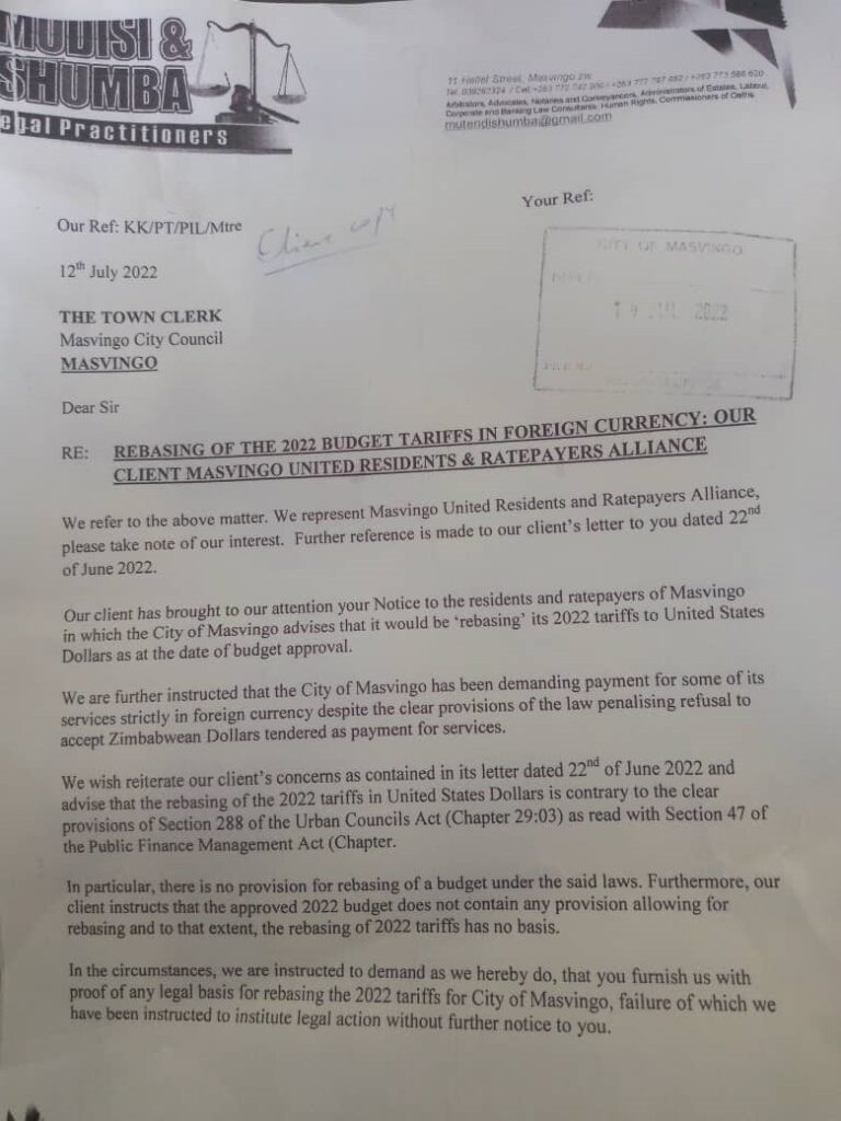 MURRA mulls dragging Masvingo City to court over USD tariff basement